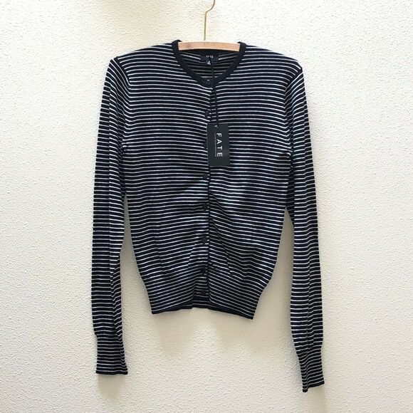 NEW Stitch Fix Fate Black & White Striped Cotton Knit Cardigan Sweater Womens S - Picture 3 of 7